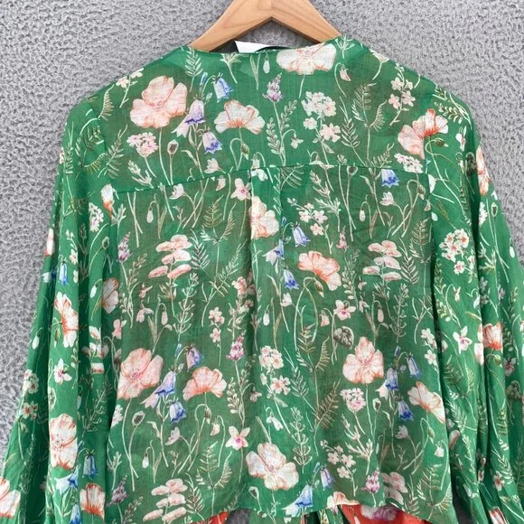 Anthropologie Mare Mare Top Womens L Green Floral Long Balloon Sleeves Tie Front - Picture 3 of 12